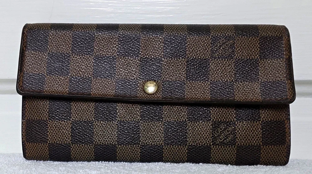 Louis Vuitton Damier Ebene Long Wallet, Logo, Card Slots, Zip Coin
